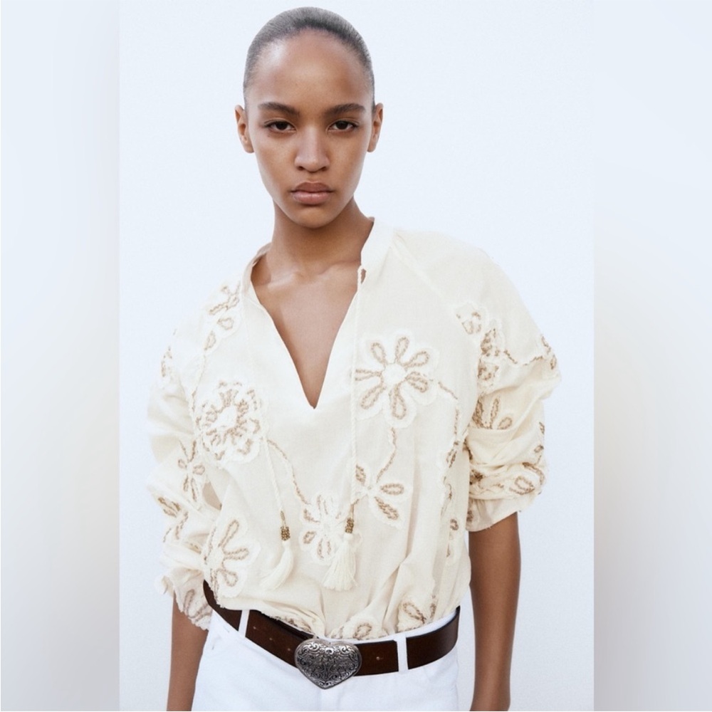 Zara Cream Floral Embroidered Blouse